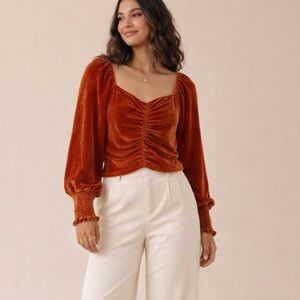 Amber Skies Rust Velvet Ruched Puff Sleeve Smocked Cuff Top M
